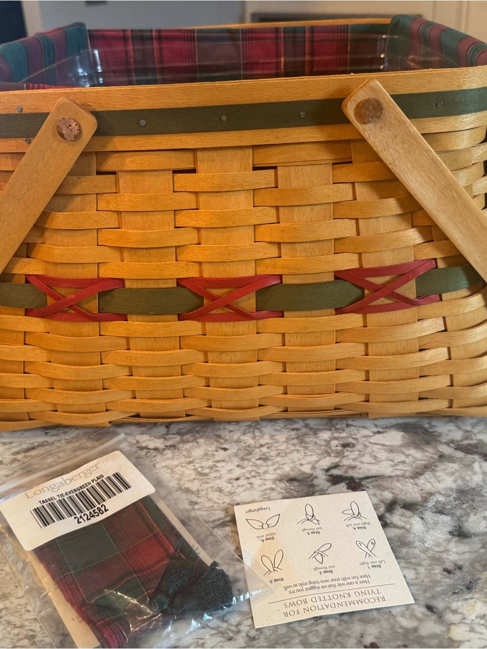 Longaberger Natural Woven Basket with Red and Green Accents